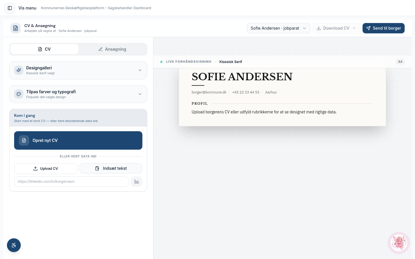 CV-bygger i Beskæftigelsesplatformen med live forhåndsvisning